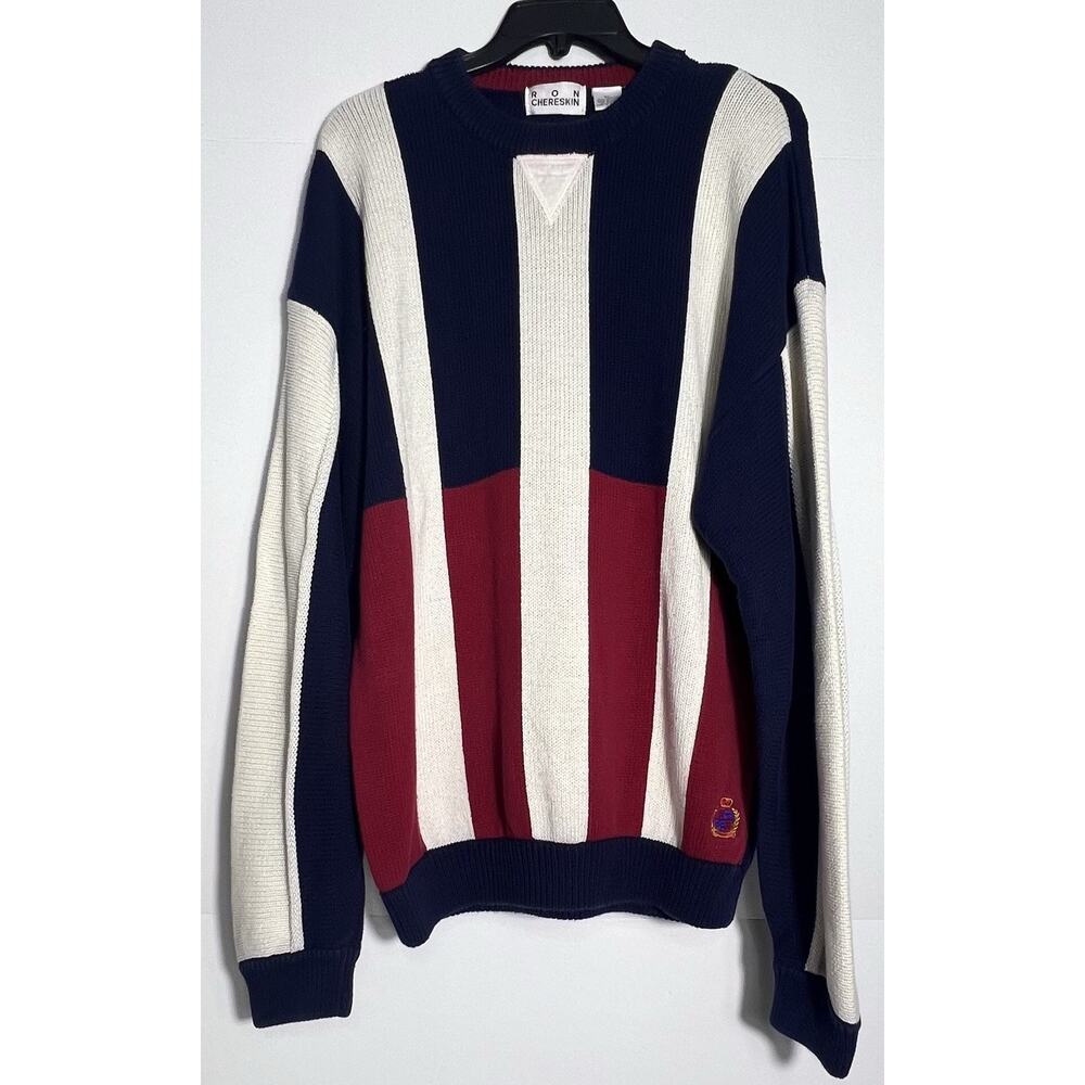 Vintage Ron Chereskin Red Blue White Knit Sweater 100% Cotton Men's Size XL